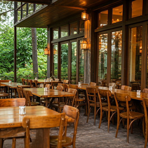 A rustic restaurant with wooden tables and chairs, surrounded by greenery.