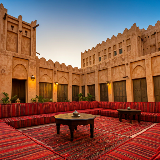 A traditional Arabian courtyard with colorful cushions and low tables.