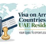 Visa on Arrival Countries for UAE Residents, showing a passport, boarding pass, and visa stamp over a world map, with the UAE flag