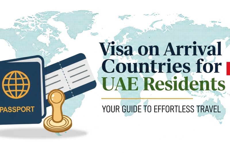 Visa on Arrival Countries for UAE Residents, showing a passport, boarding pass, and visa stamp over a world map, with the UAE flag