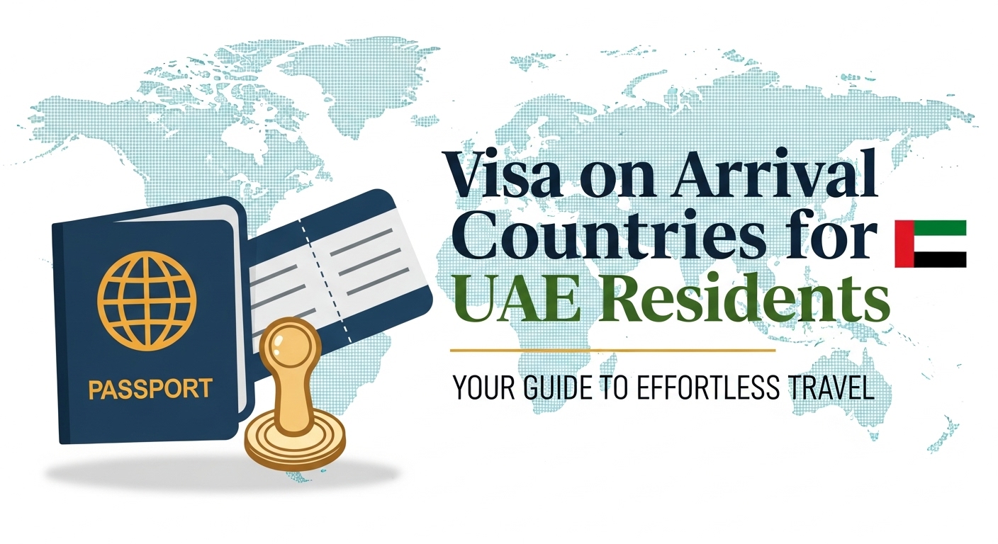 Visa on Arrival Countries for UAE Residents, showing a passport, boarding pass, and visa stamp over a world map, with the UAE flag