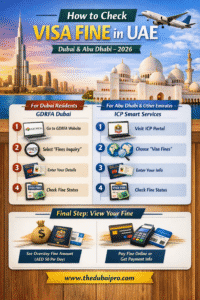 Step by step infographic showing how to check visa fine in UAE for Dubai and Abu Dhabi residents 