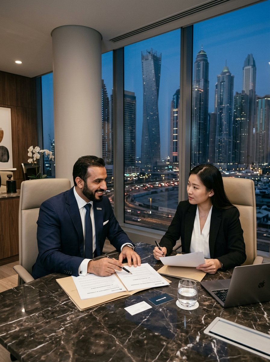 Professional Dubai PRO services consultant reviewing government business documents with entrepreneur in modern Dubai office