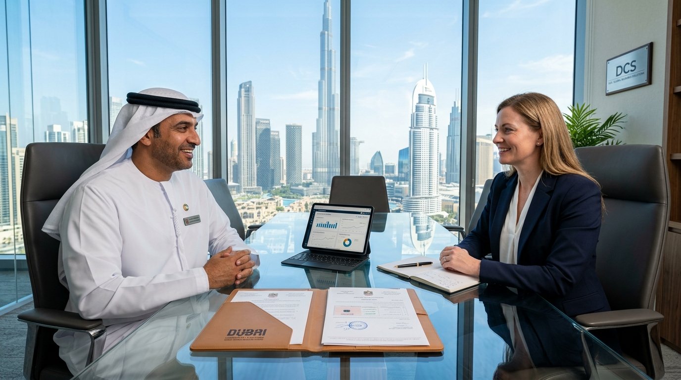 Professional Dubai PRO services consultant reviewing government business documents in luxury Dubai office with skyline view